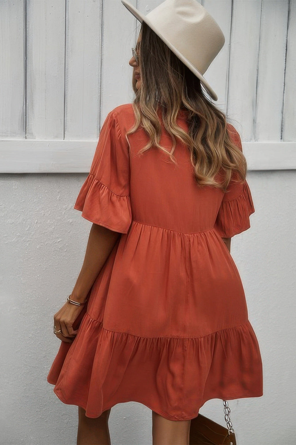V Neck Flounce Sleeve Ruffle Hem Tie Neck Dress
