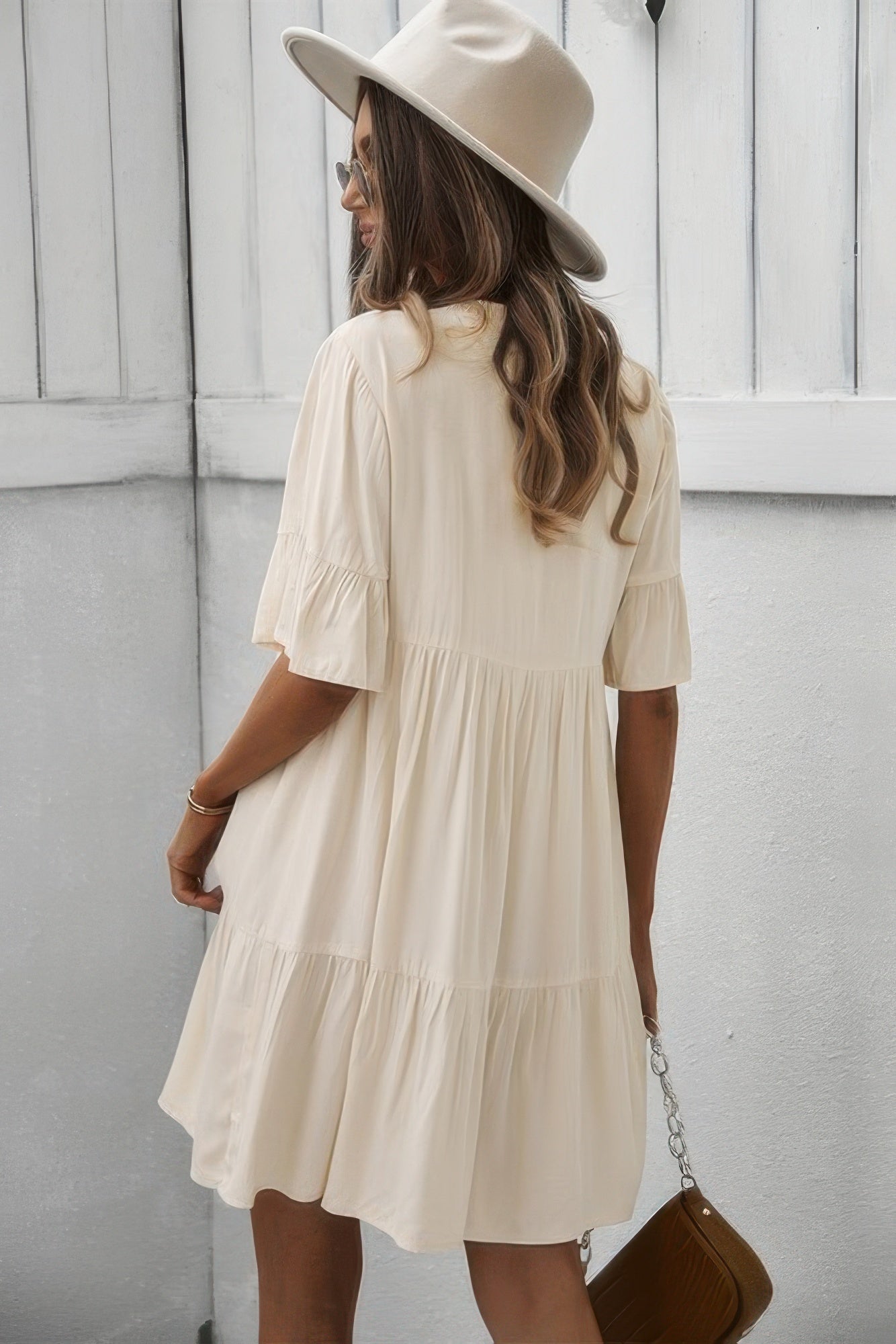 V Neck Flounce Sleeve Ruffle Hem Tie Neck Dress