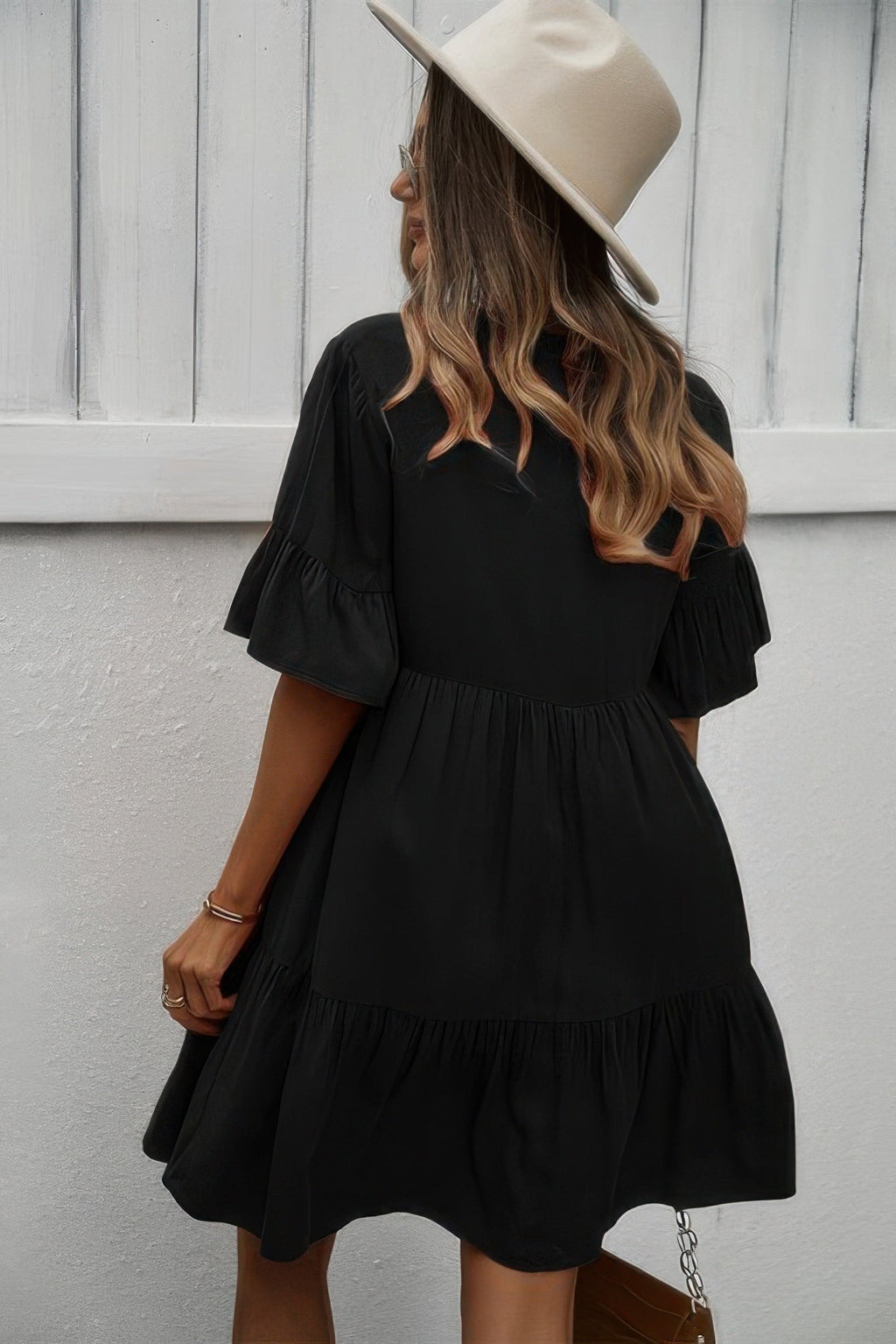 V Neck Flounce Sleeve Ruffle Hem Tie Neck Dress