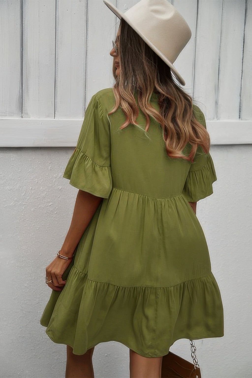 V Neck Flounce Sleeve Ruffle Hem Tie Neck Dress