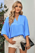 Solid V Neck Satin High Low Hem Blouse