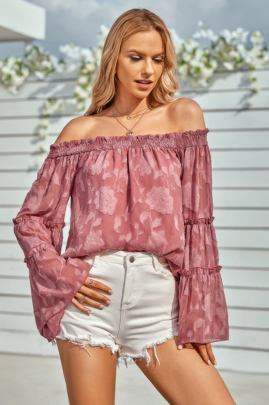 Solid Off Shoulder Flared Sleeve Flowy Blouse