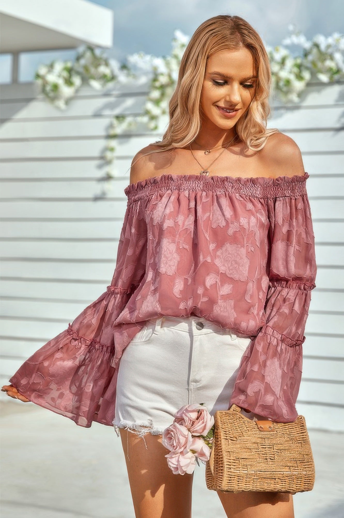 Solid Off Shoulder Flared Sleeve Flowy Blouse