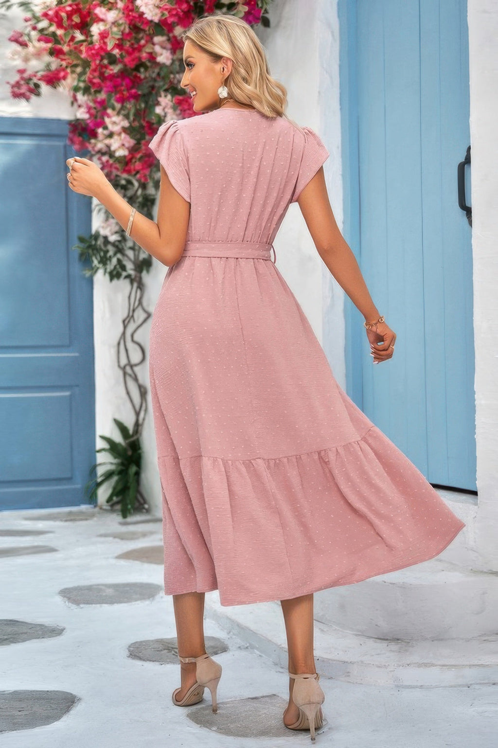 Solid Dot V Neck Lace Ruffle Belt Long Dress