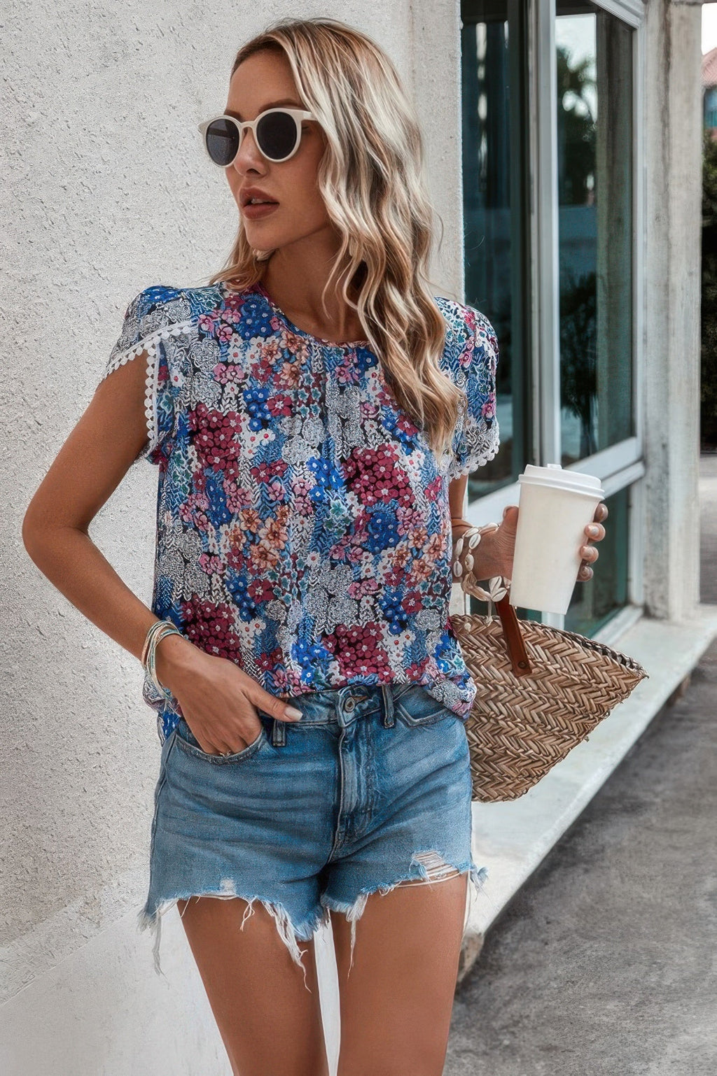 Floral Round Neck Lace Trimmed Fit Blouse