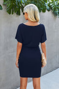Boat Neck One-shoulder Short Sleeves Tie Dress