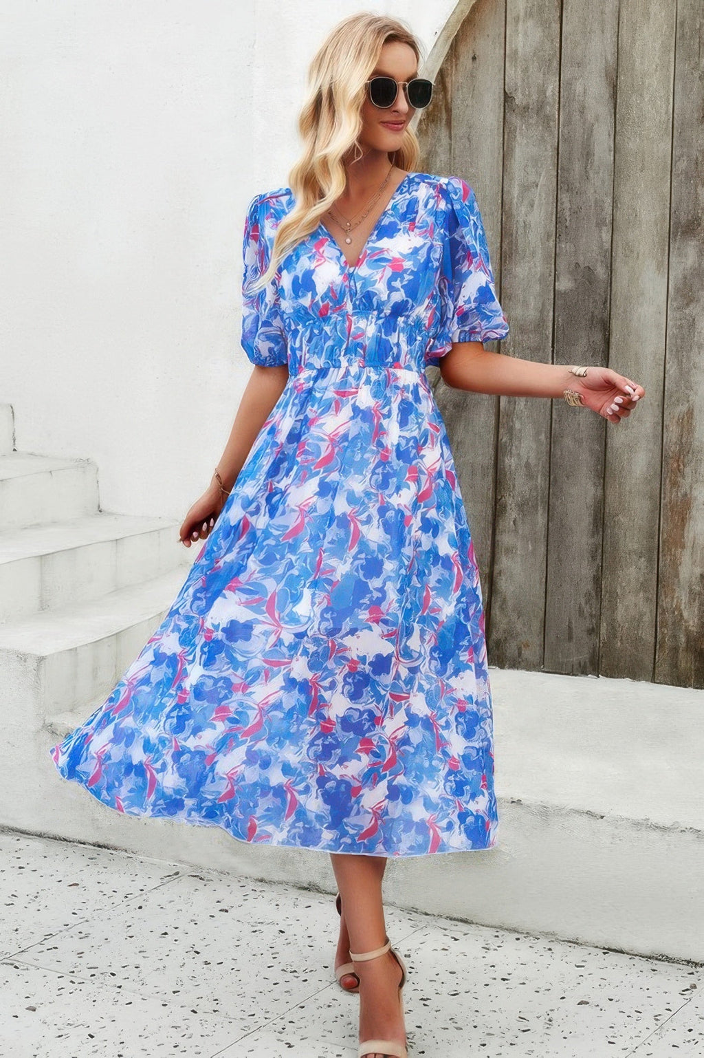 Floral V Neck Puffed Sleeve High Waist Dress