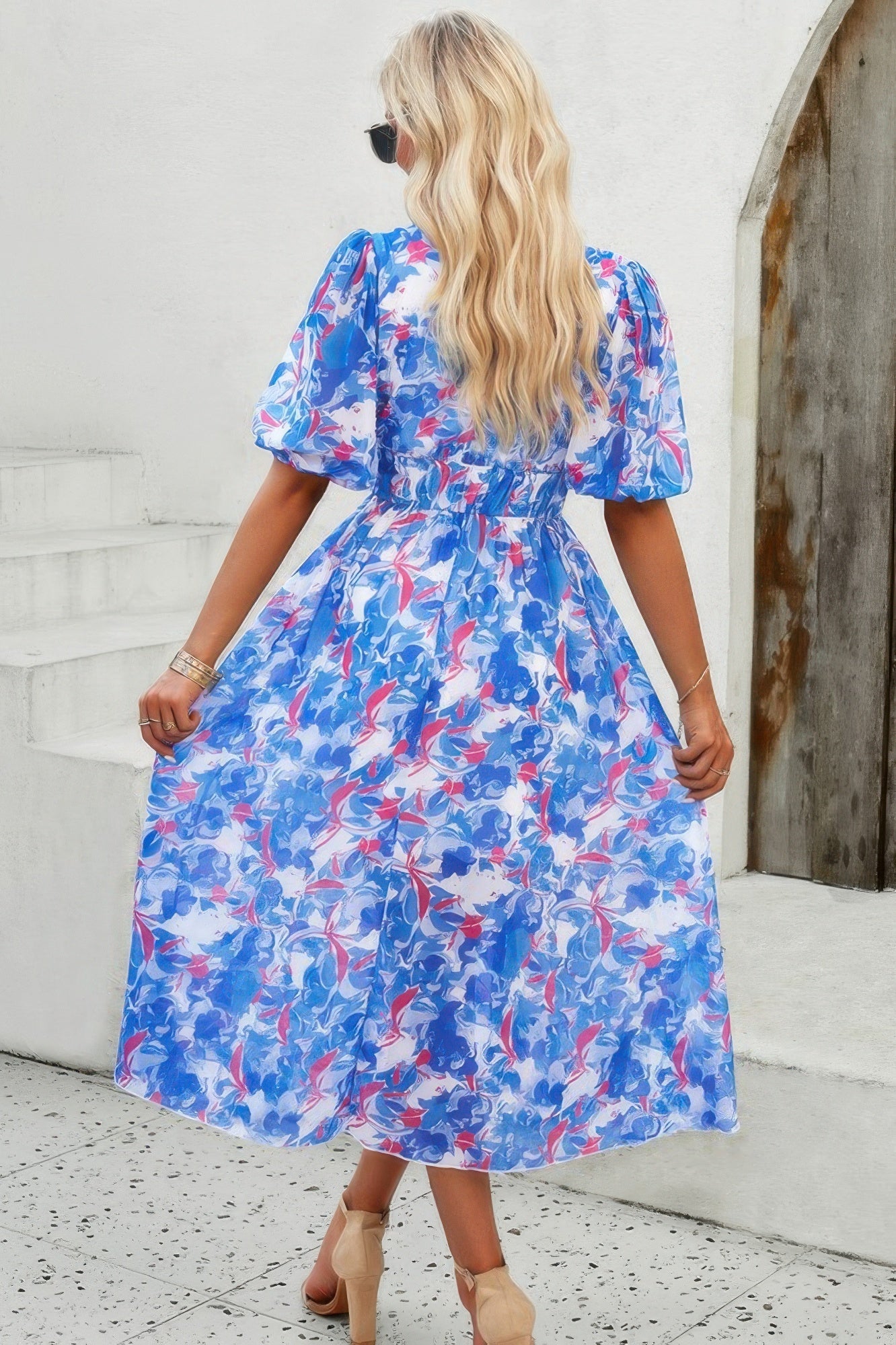 Floral V Neck Puffed Sleeve High Waist Dress