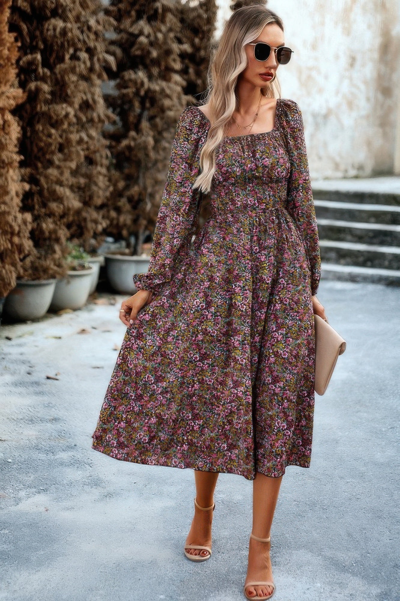 Floral High Elastic Waist Square Neck Pocket Dress