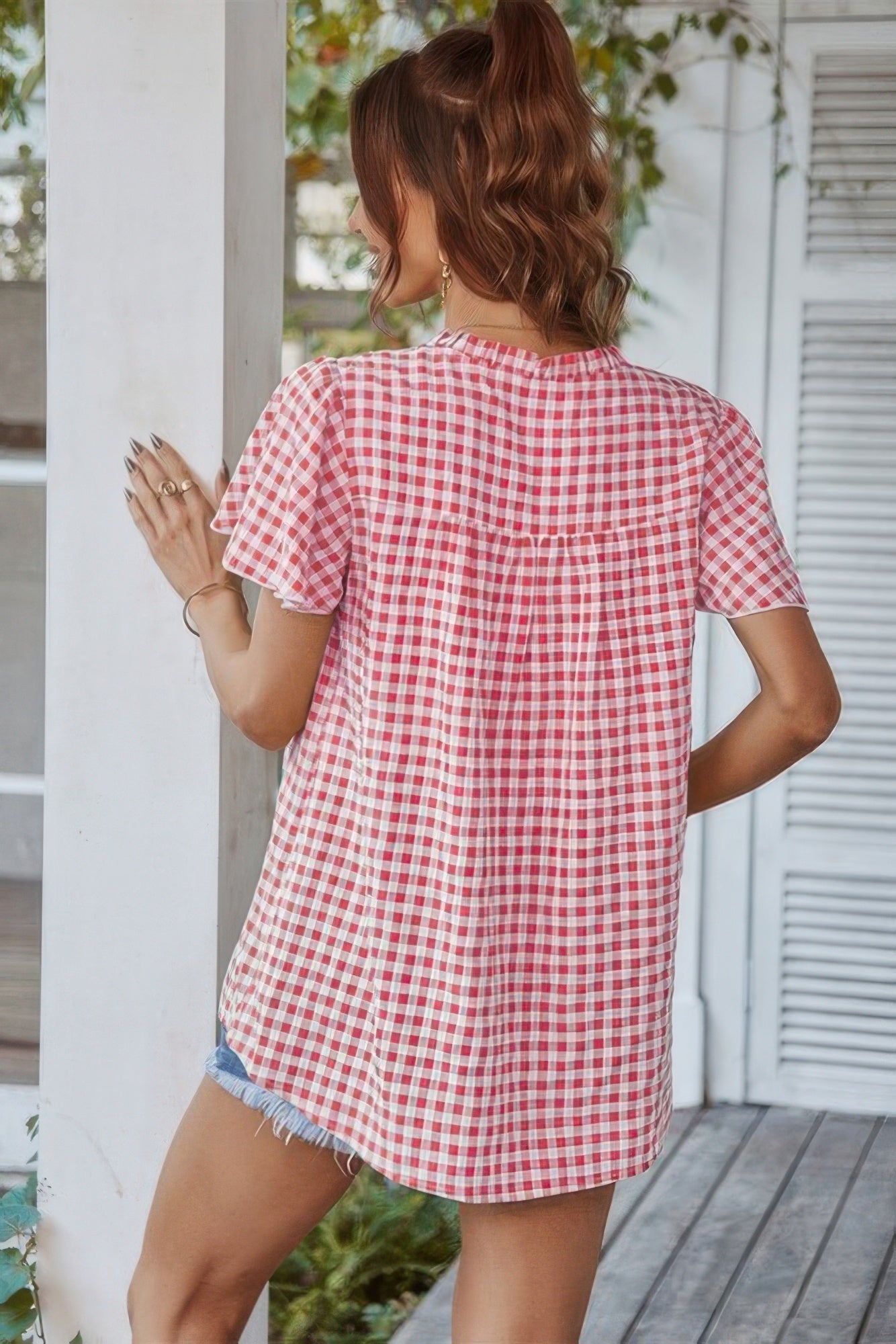 Gingham V Neck Plaid Loose Drawstring Blouse