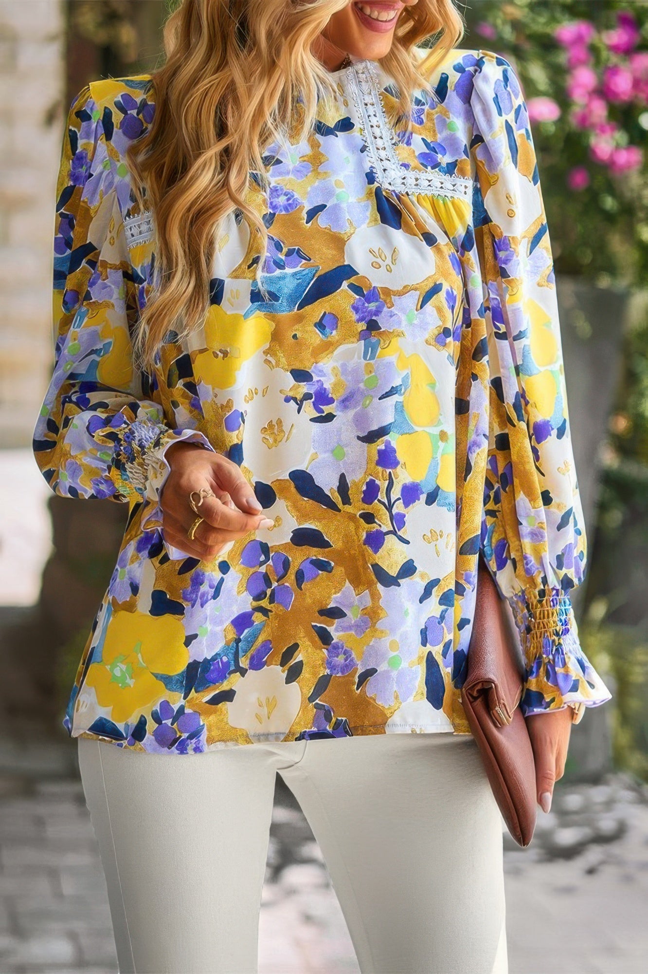 Floral Contrast Lace Trim Split Top