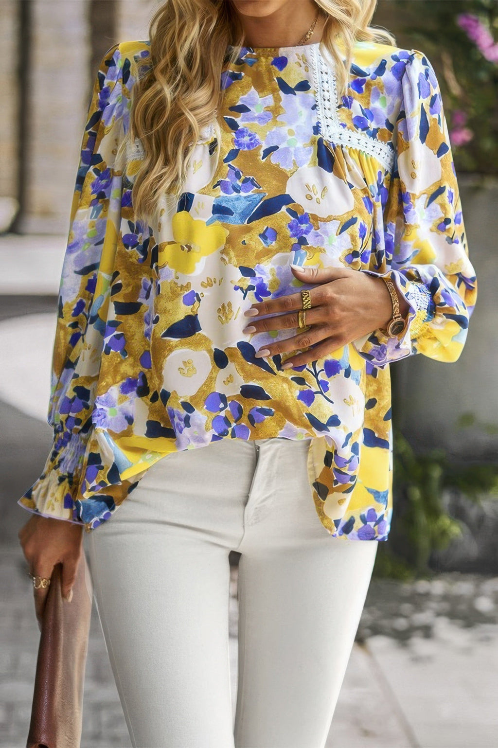 Floral Contrast Lace Trim Split Top