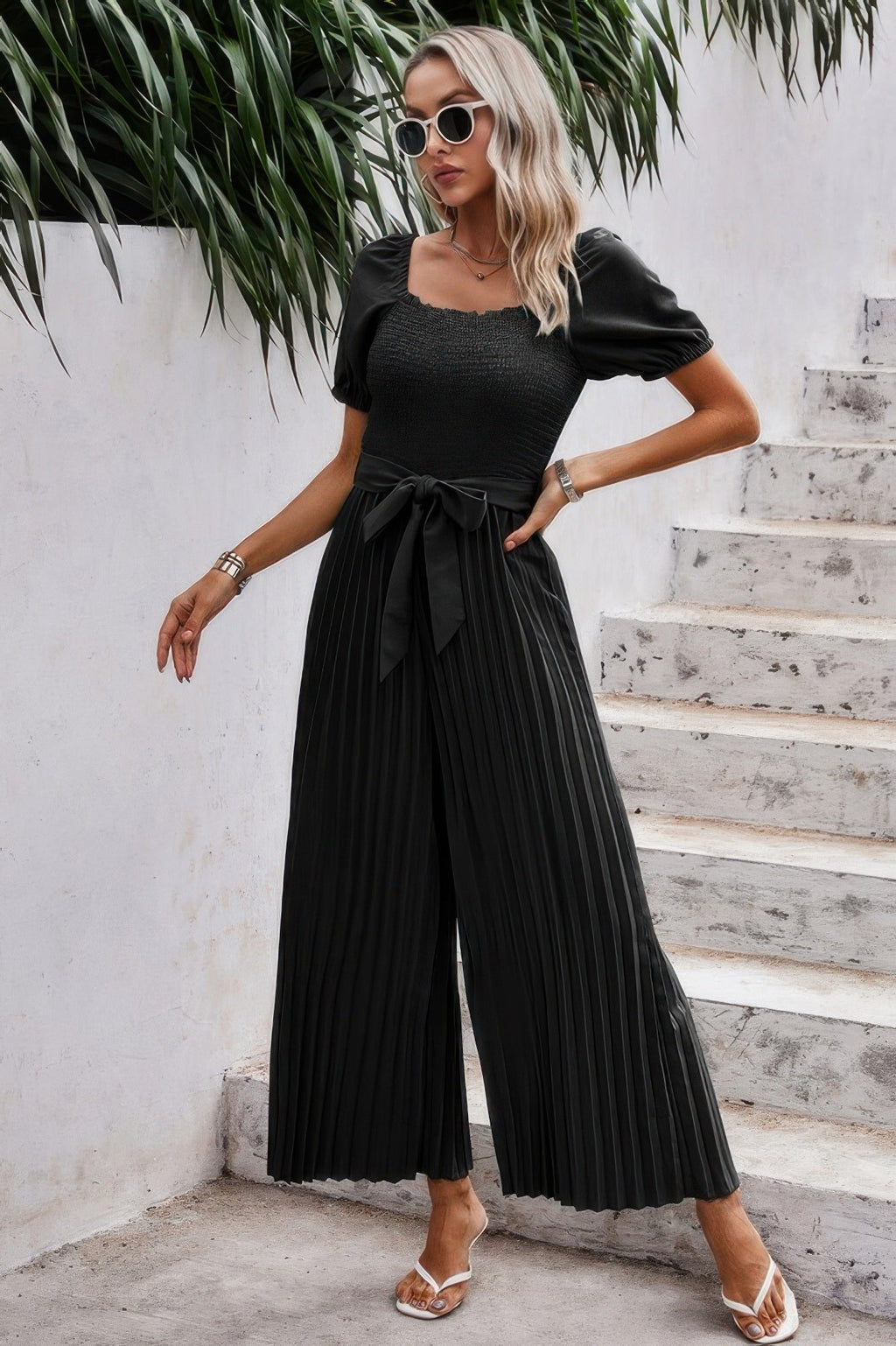 Square Neck Ruffle Trim Belted Pleated Jumpsuit