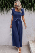 Square Neck Ruffle Trim Belted Pleated Jumpsuit