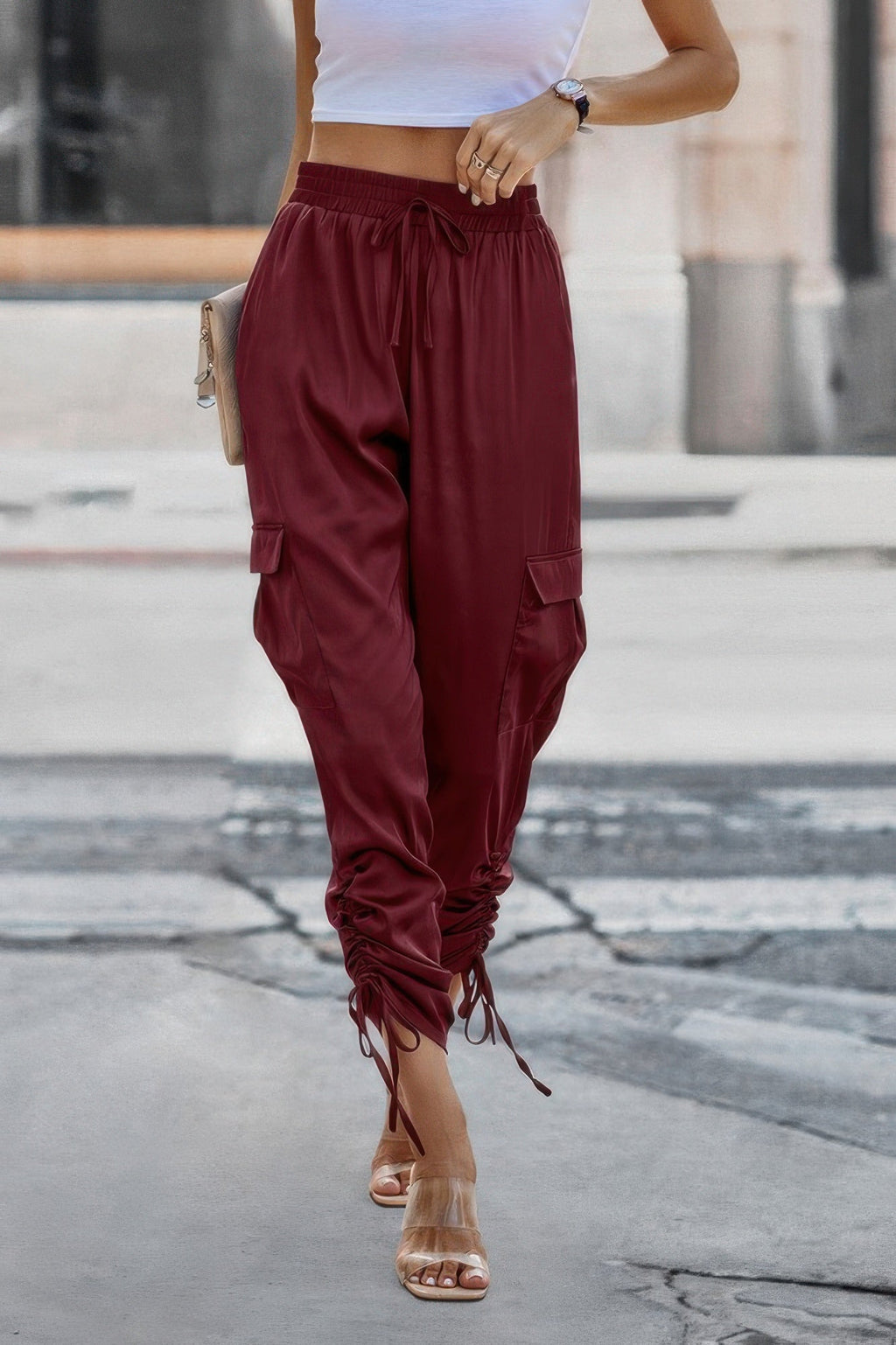 Solid Drawstring Hem Flap Pocket Side Stacked Pant