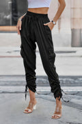Solid Drawstring Hem Flap Pocket Side Stacked Pant
