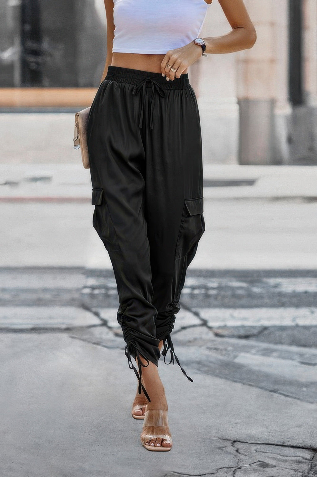 Solid Drawstring Hem Flap Pocket Side Stacked Pant