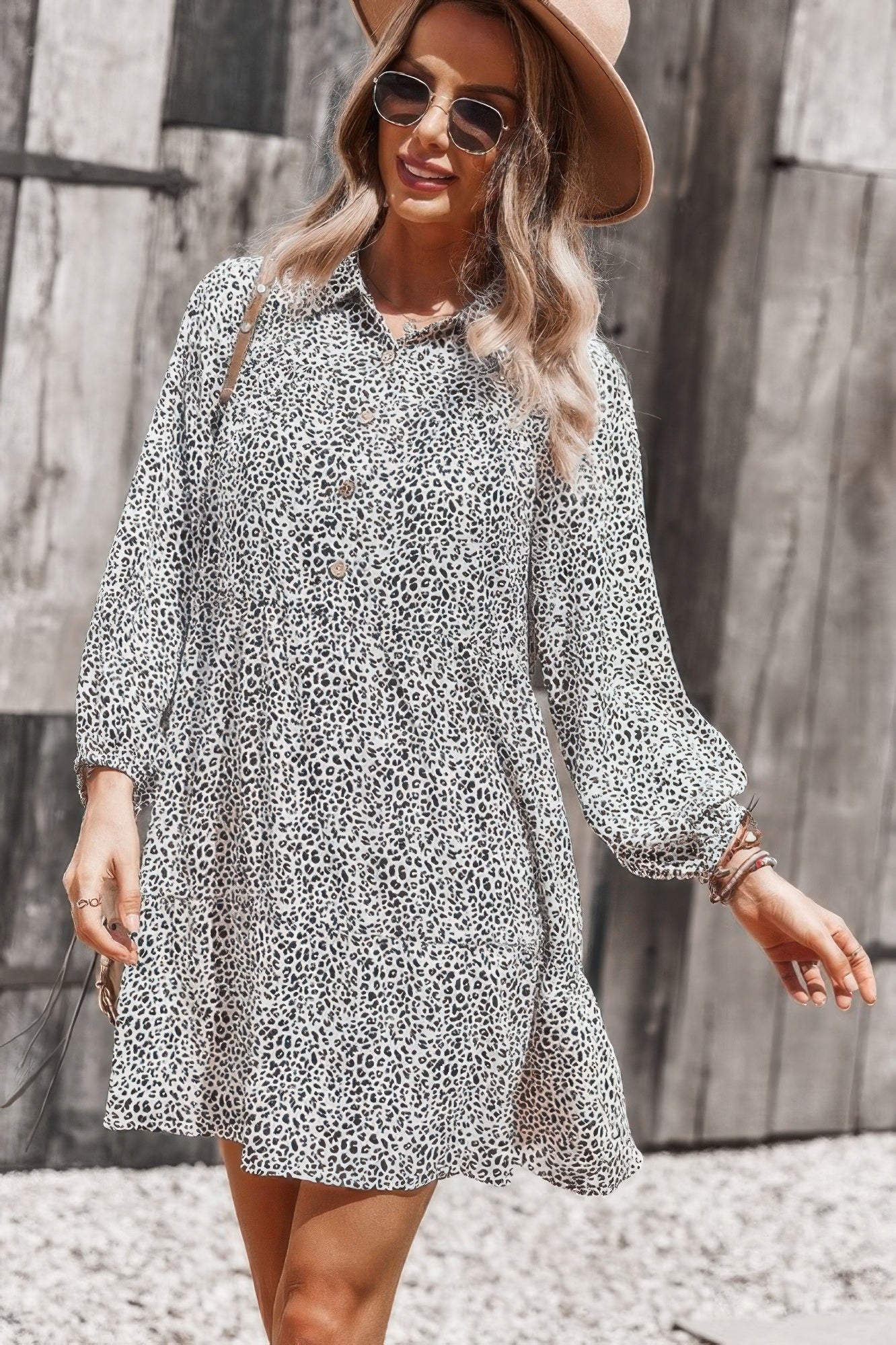 Animal Print Button Down A Line Lantem Sleeve Dress