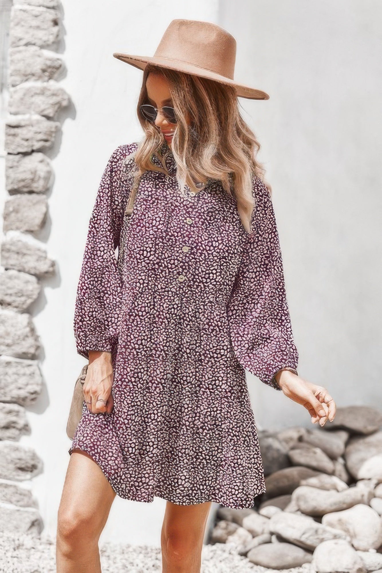 Animal Print Button Down A Line Lantem Sleeve Dress