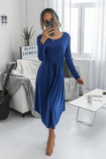 Solid Round Neck Long Sleeve Drawstring Dress