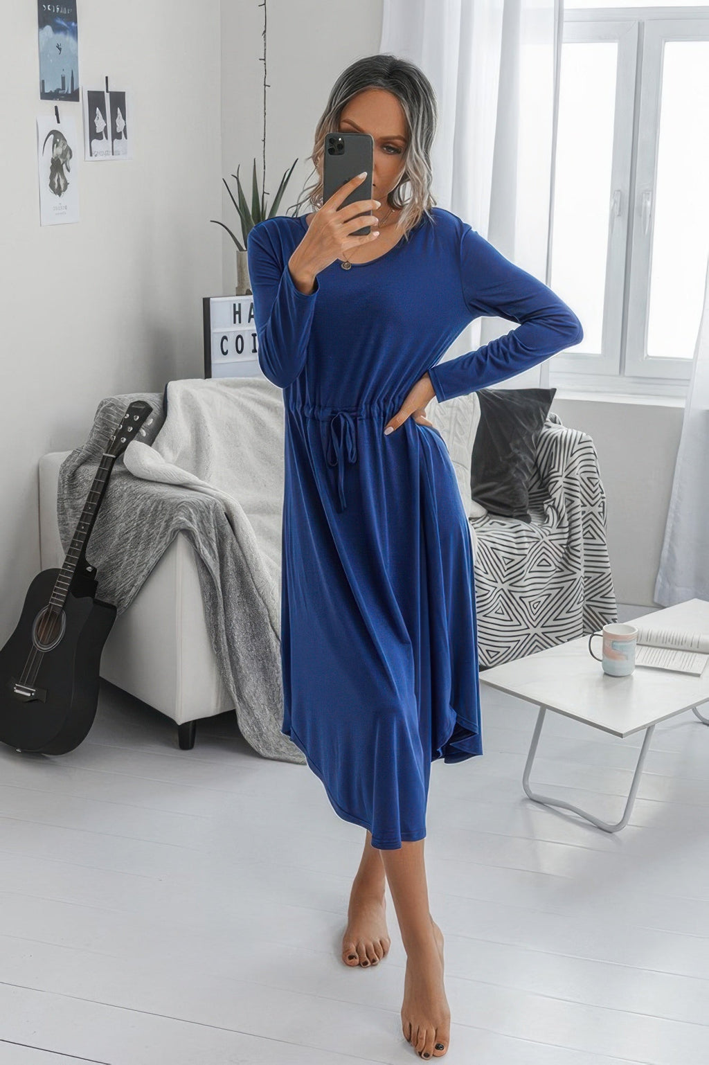 Solid Round Neck Long Sleeve Drawstring Dress