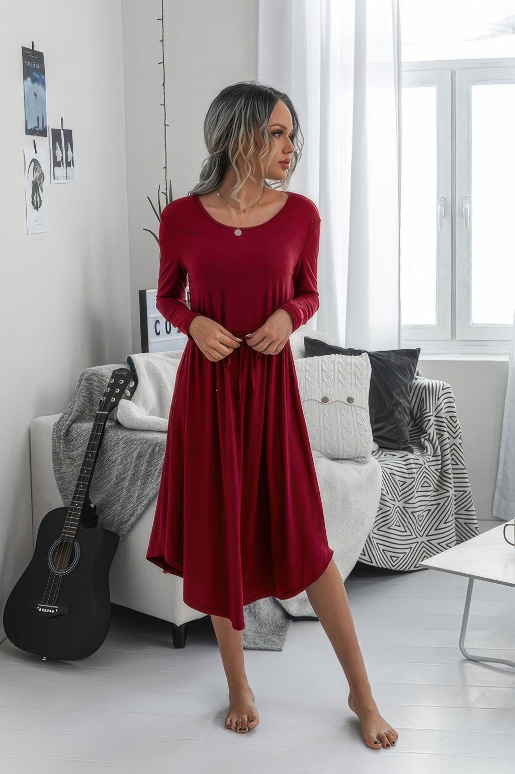 Solid Round Neck Long Sleeve Drawstring Dress