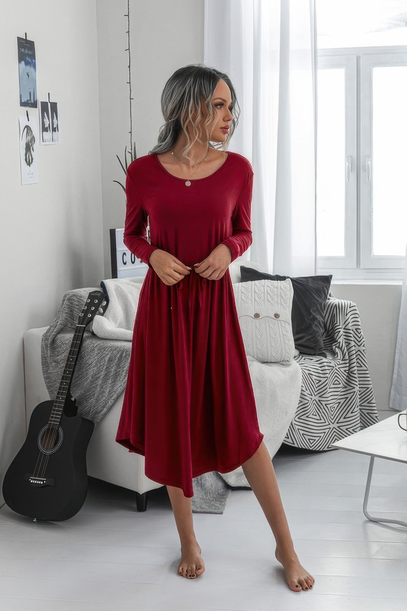 Solid Round Neck Long Sleeve Drawstring Dress