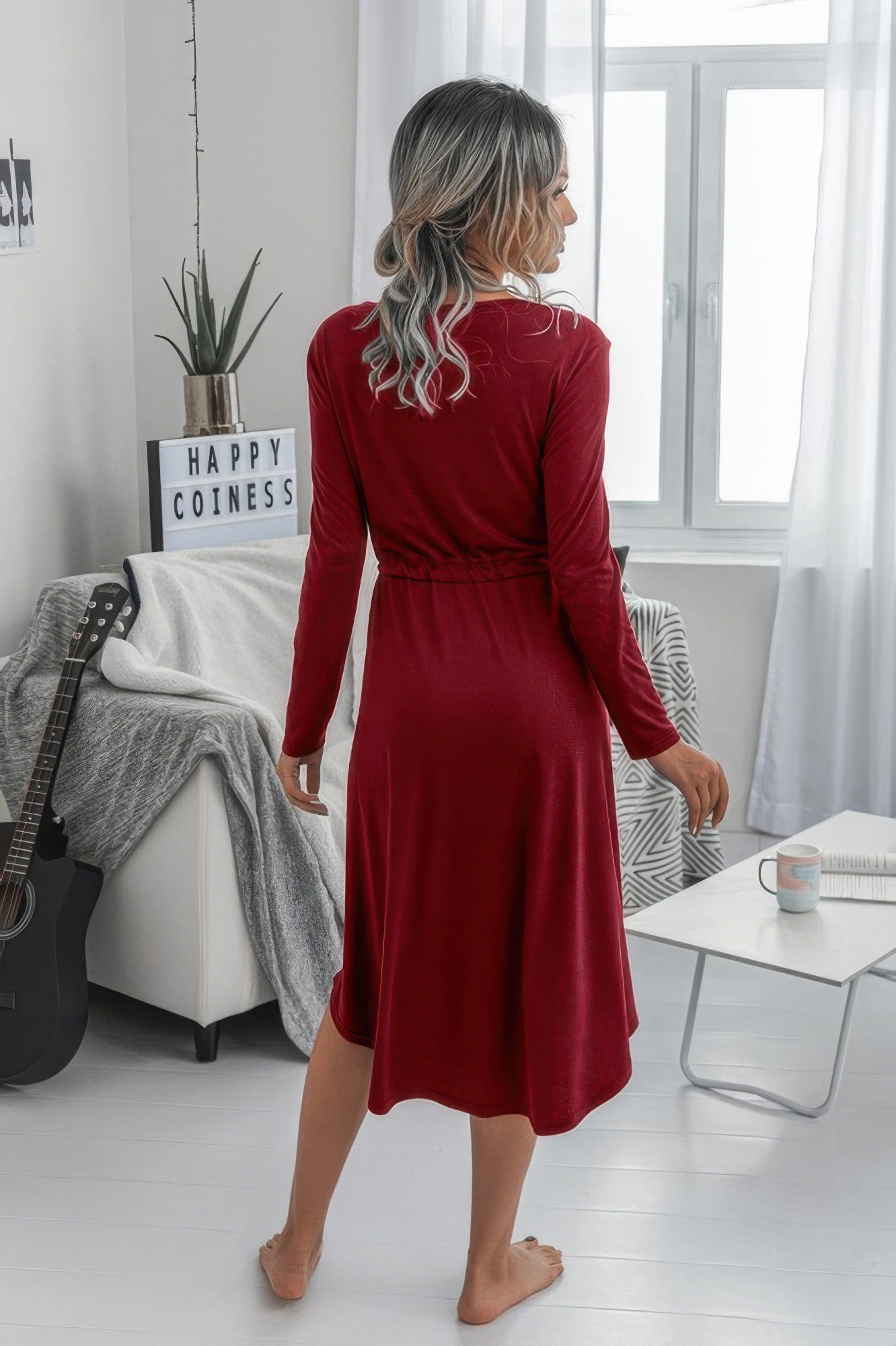 Solid Round Neck Long Sleeve Drawstring Dress