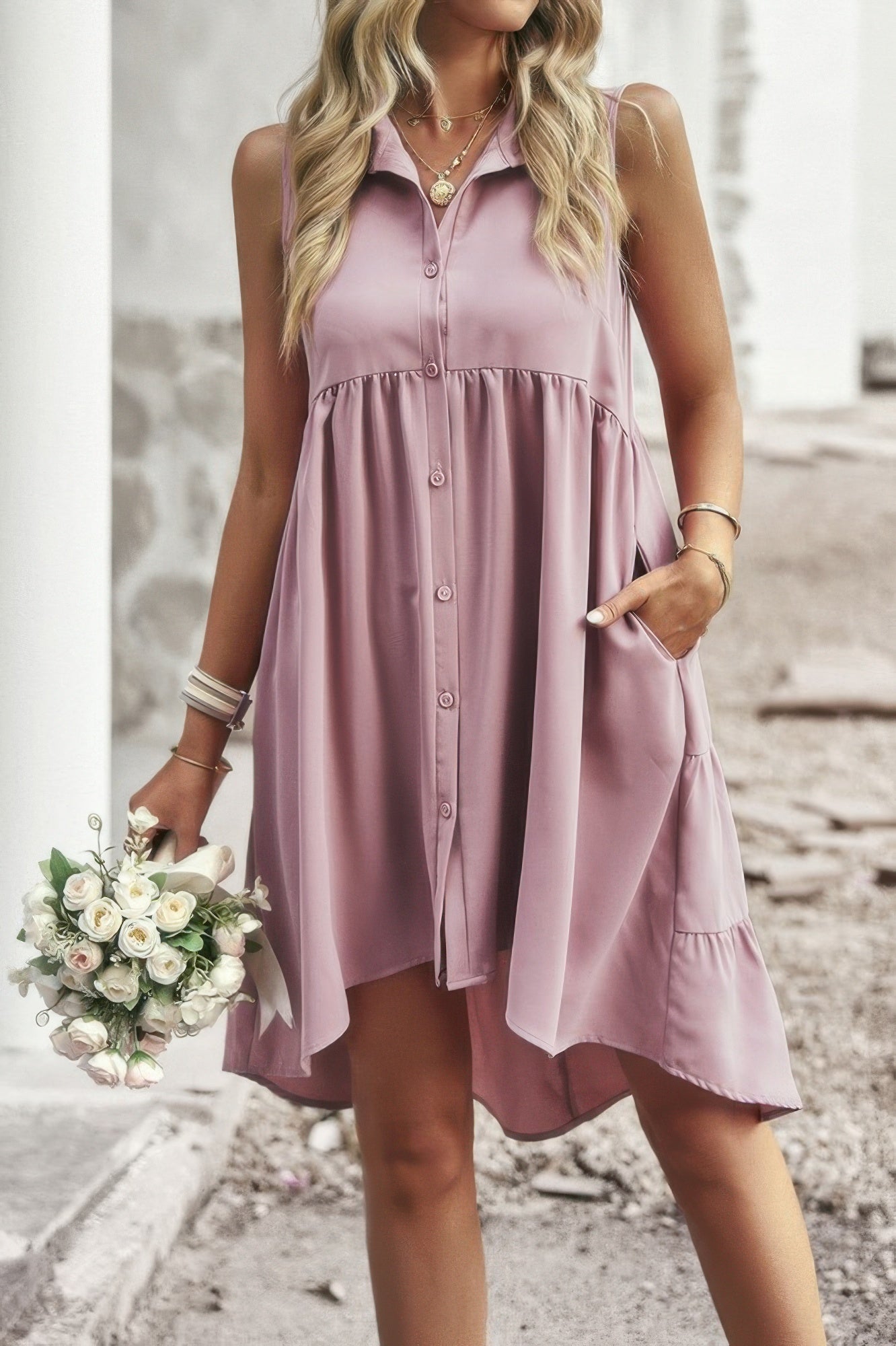 Sleeveless Solid Peplum Shirt Dress