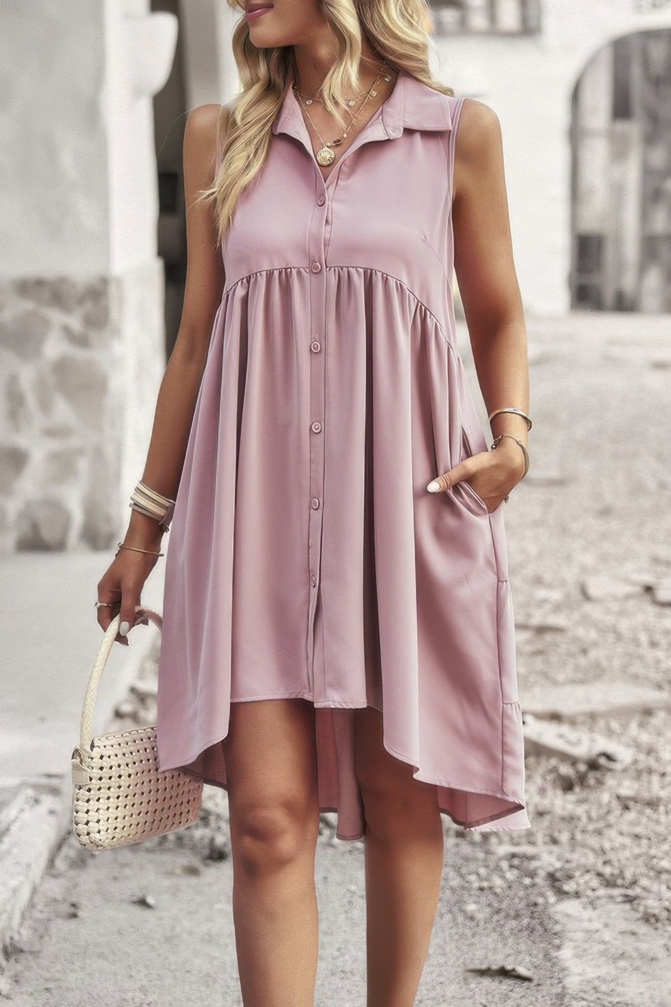 Sleeveless Solid Peplum Shirt Dress