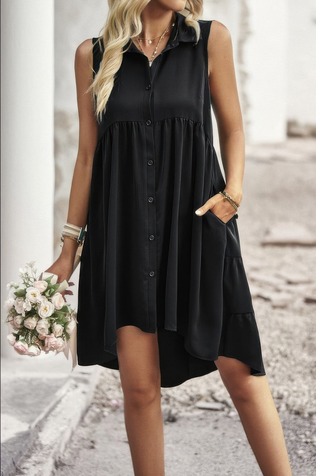 Sleeveless Solid Peplum Shirt Dress