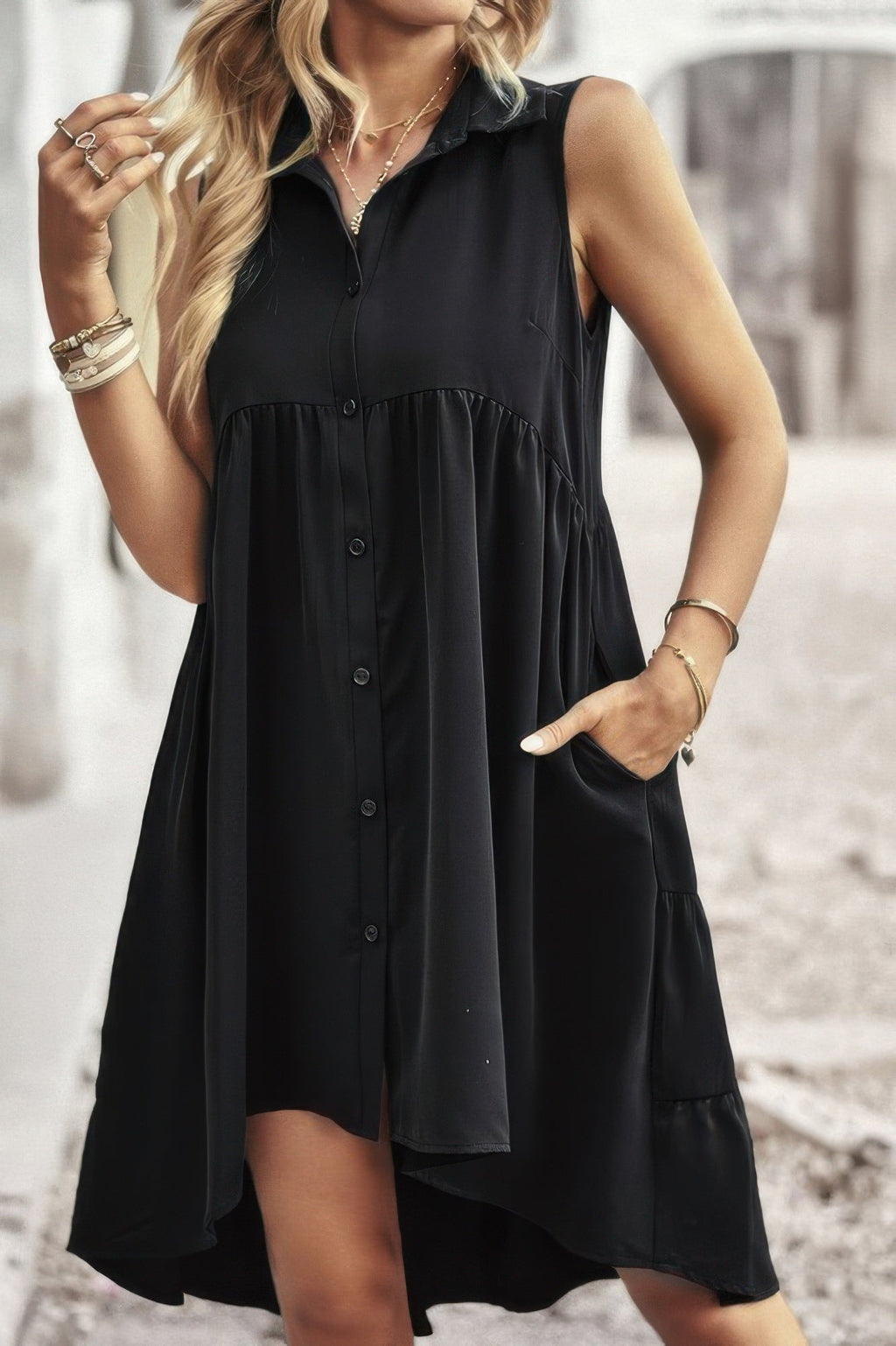 Sleeveless Solid Peplum Shirt Dress