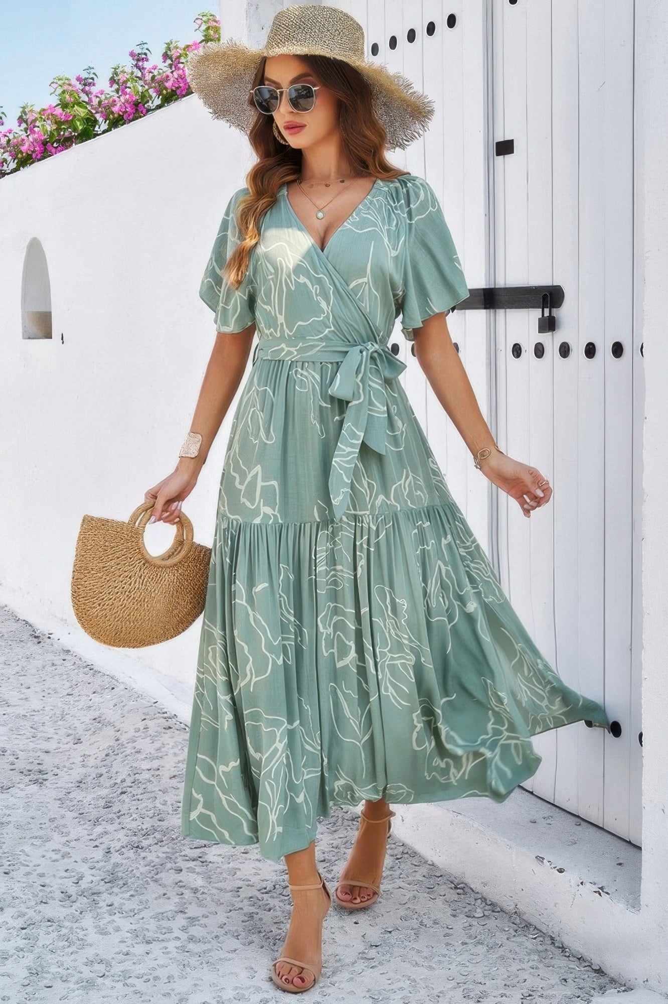 Allover Print V Neck Fit Belt A Line Long Dress