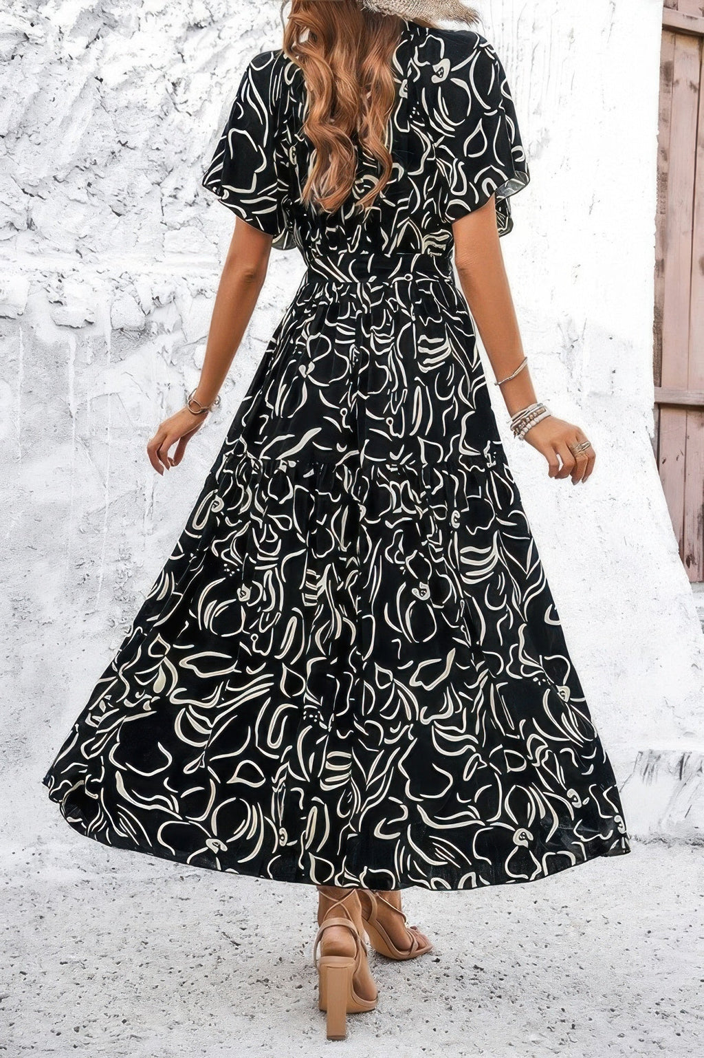 Allover Print V Neck Fit Belt A Line Long Dress