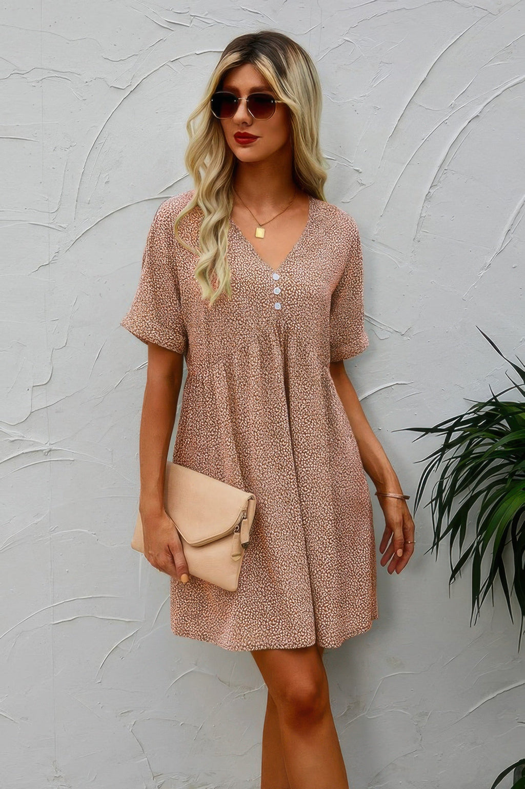 Button V Neck Short Sleeve Tunic Short Dress