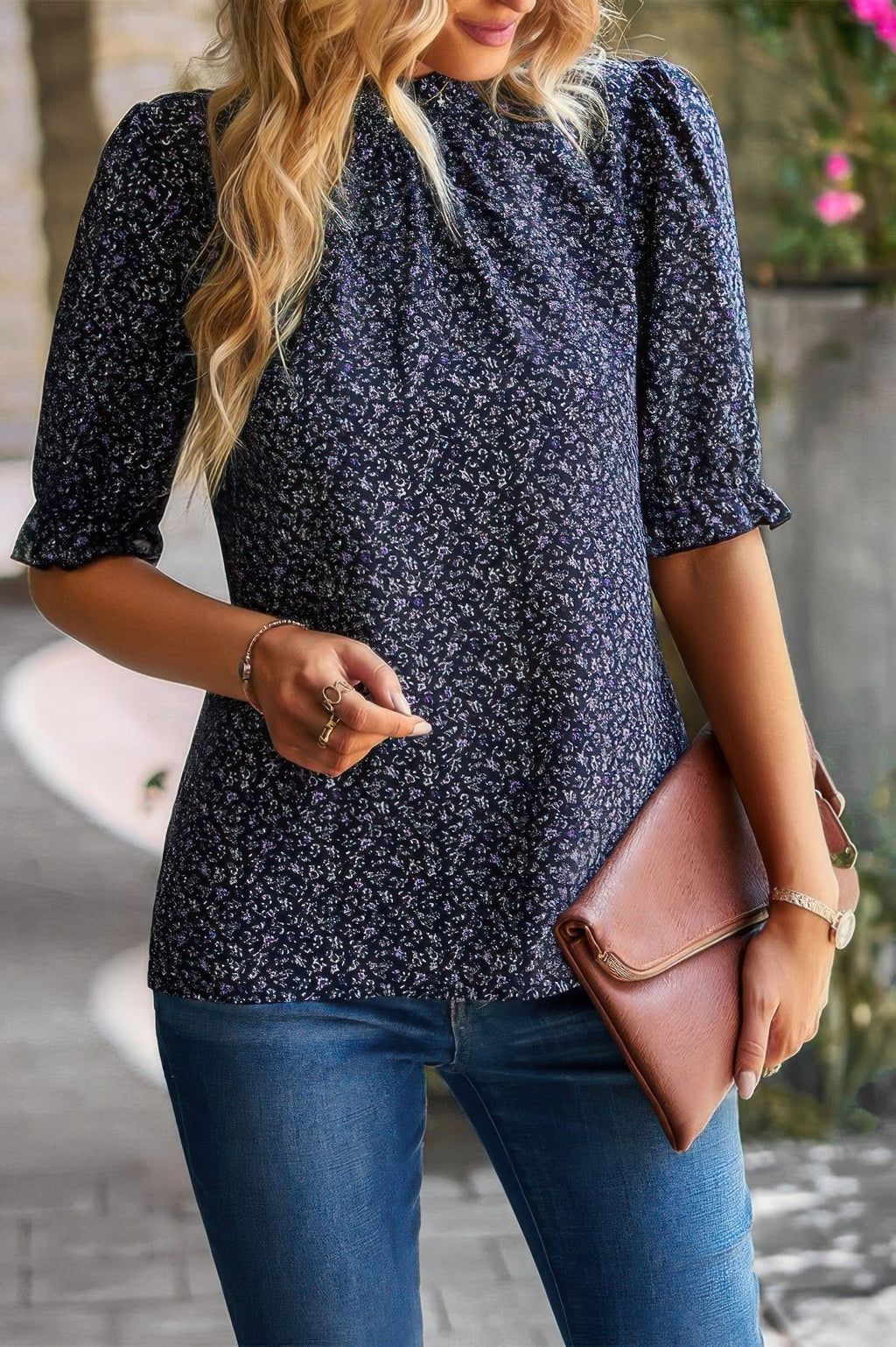 Floral Ruffle Mock Neck Puff Short Sleeve Shirt
