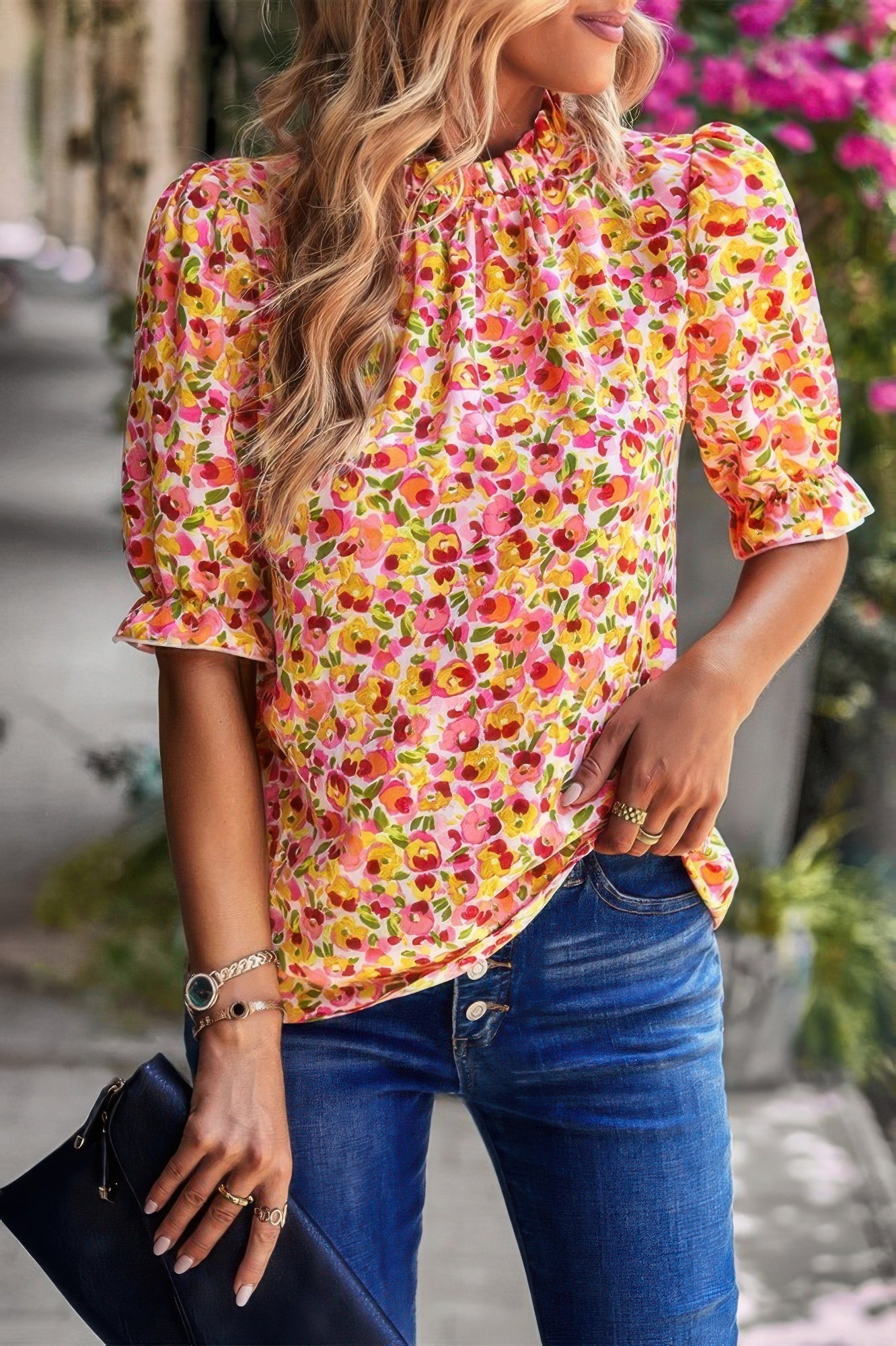 Floral Ruffle Mock Neck Puff Short Sleeve Shirt