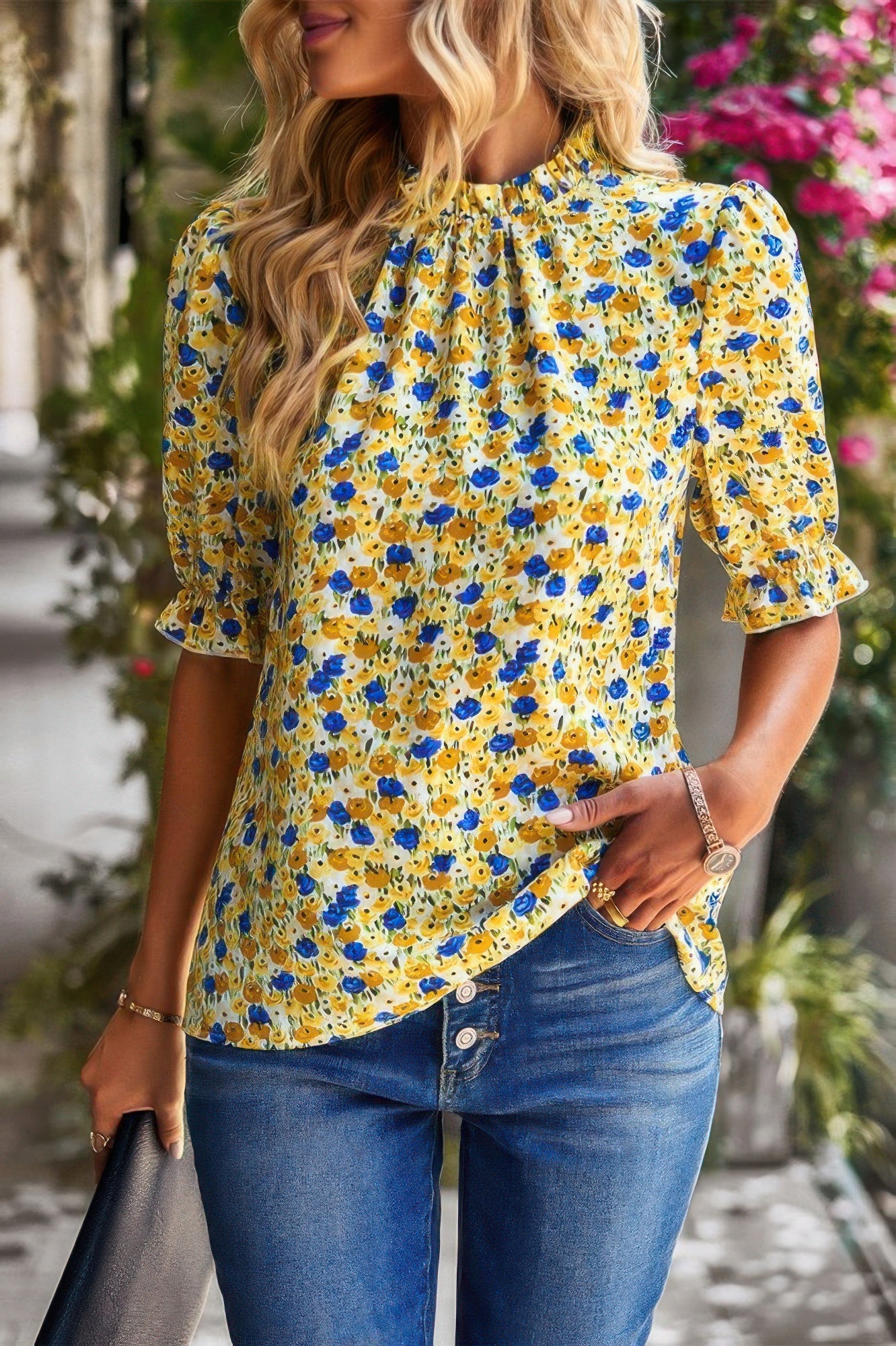 Floral Ruffle Mock Neck Puff Short Sleeve Shirt