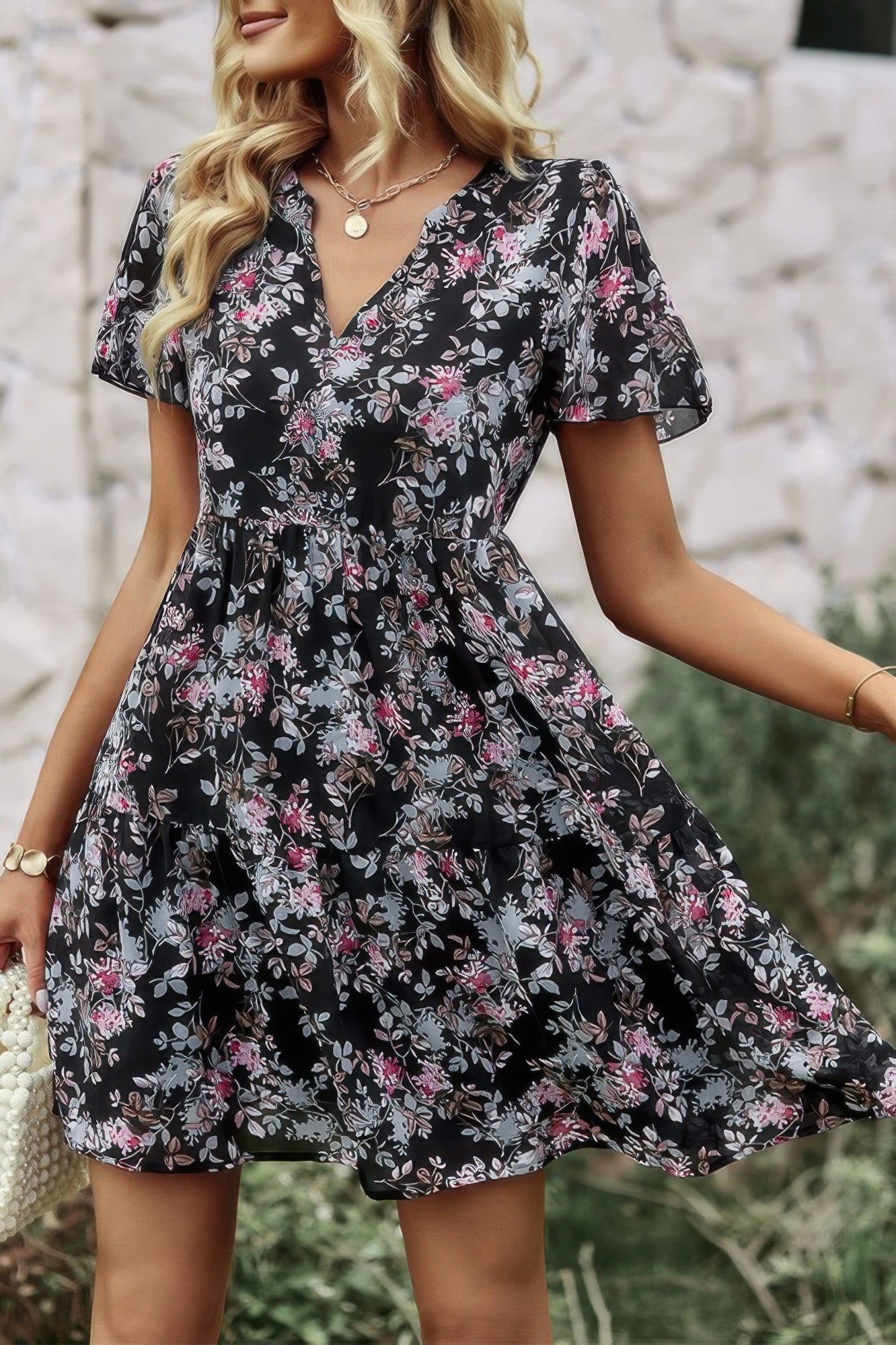 V Neck Bohemian Floral Print A Line Fit Dress