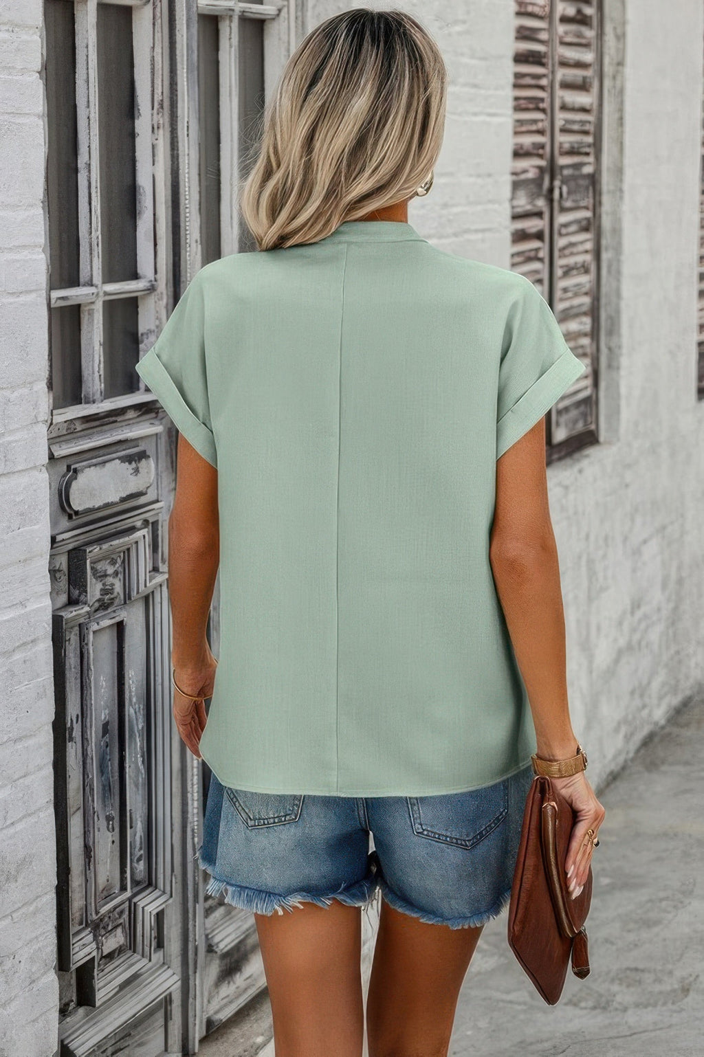 V Neck Solid Short Bat Sleeve Loose Fit Blouse