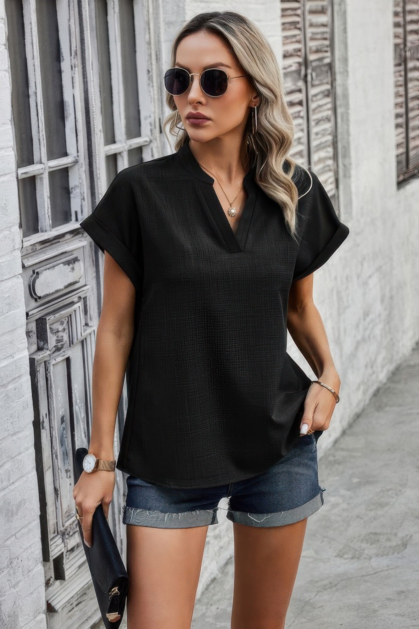 V Neck Solid Short Bat Sleeve Loose Fit Blouse