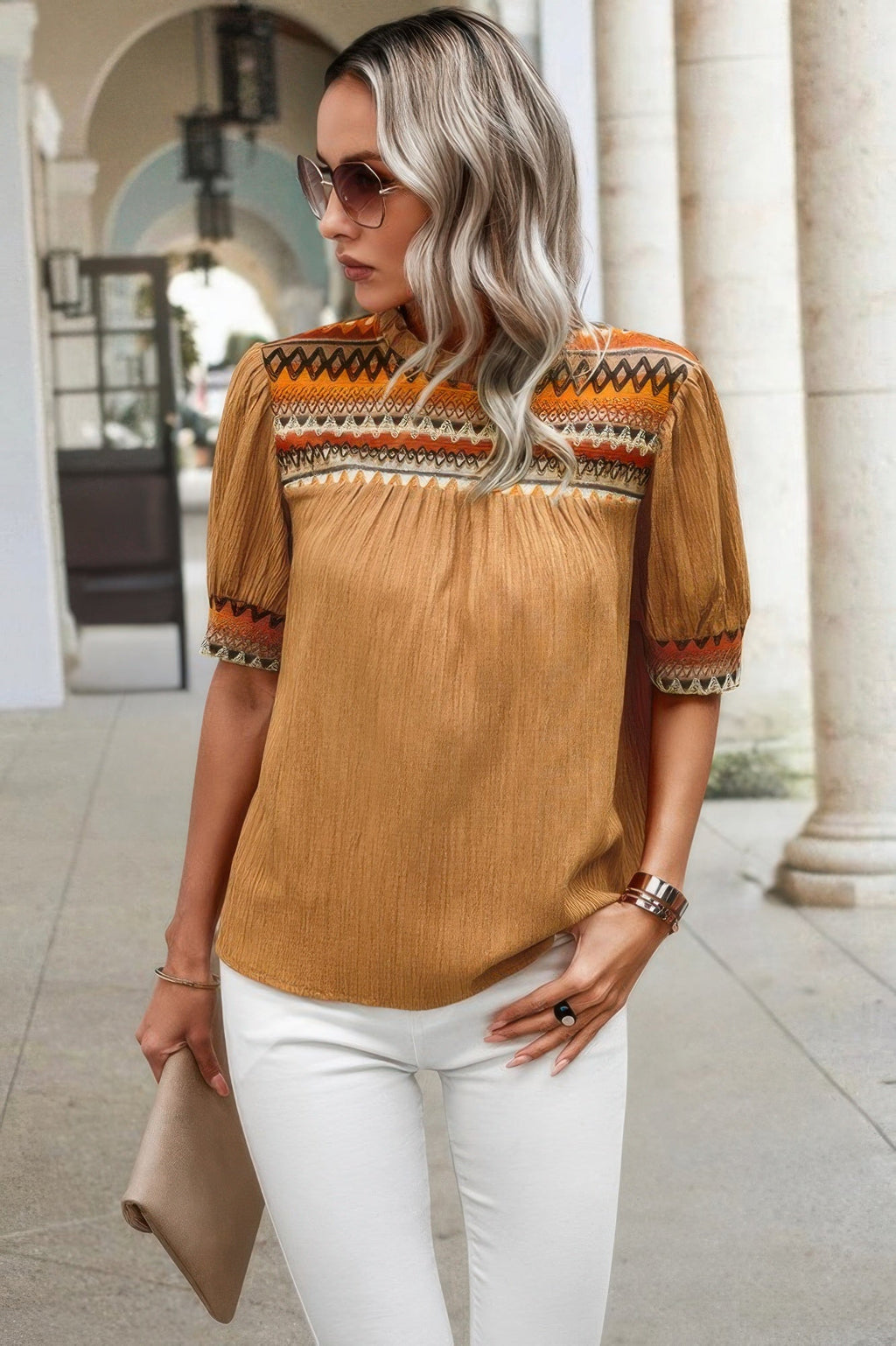 Geometric Print Elegant Textured Puff Sleeve Shirt