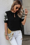 Floral Keyhole Neckline Loose Puff Sleeve Blouse