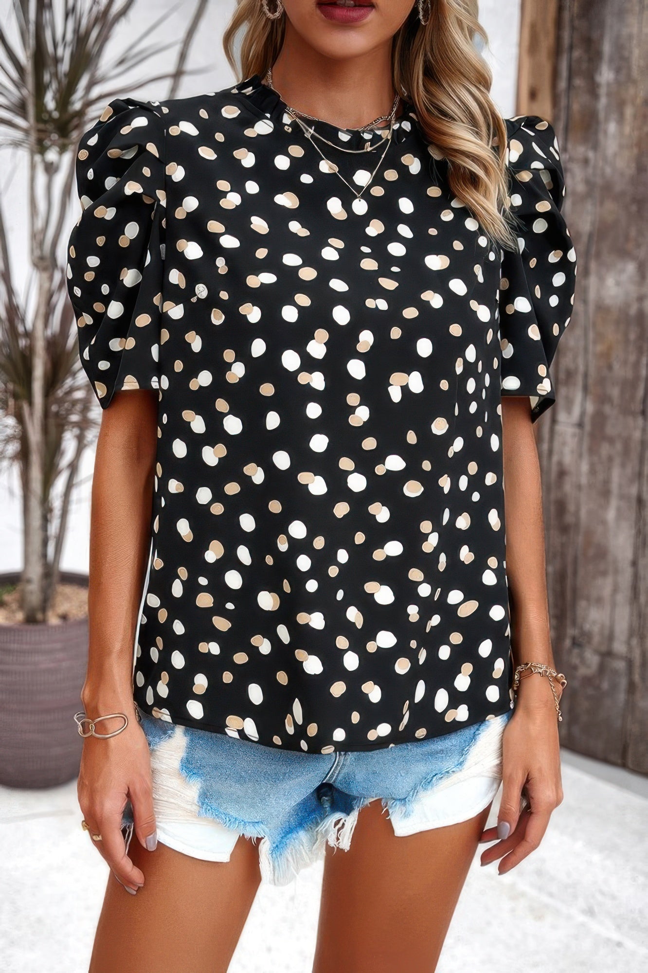 Puff Sleeves Allover Print Knot Loose Fit Top