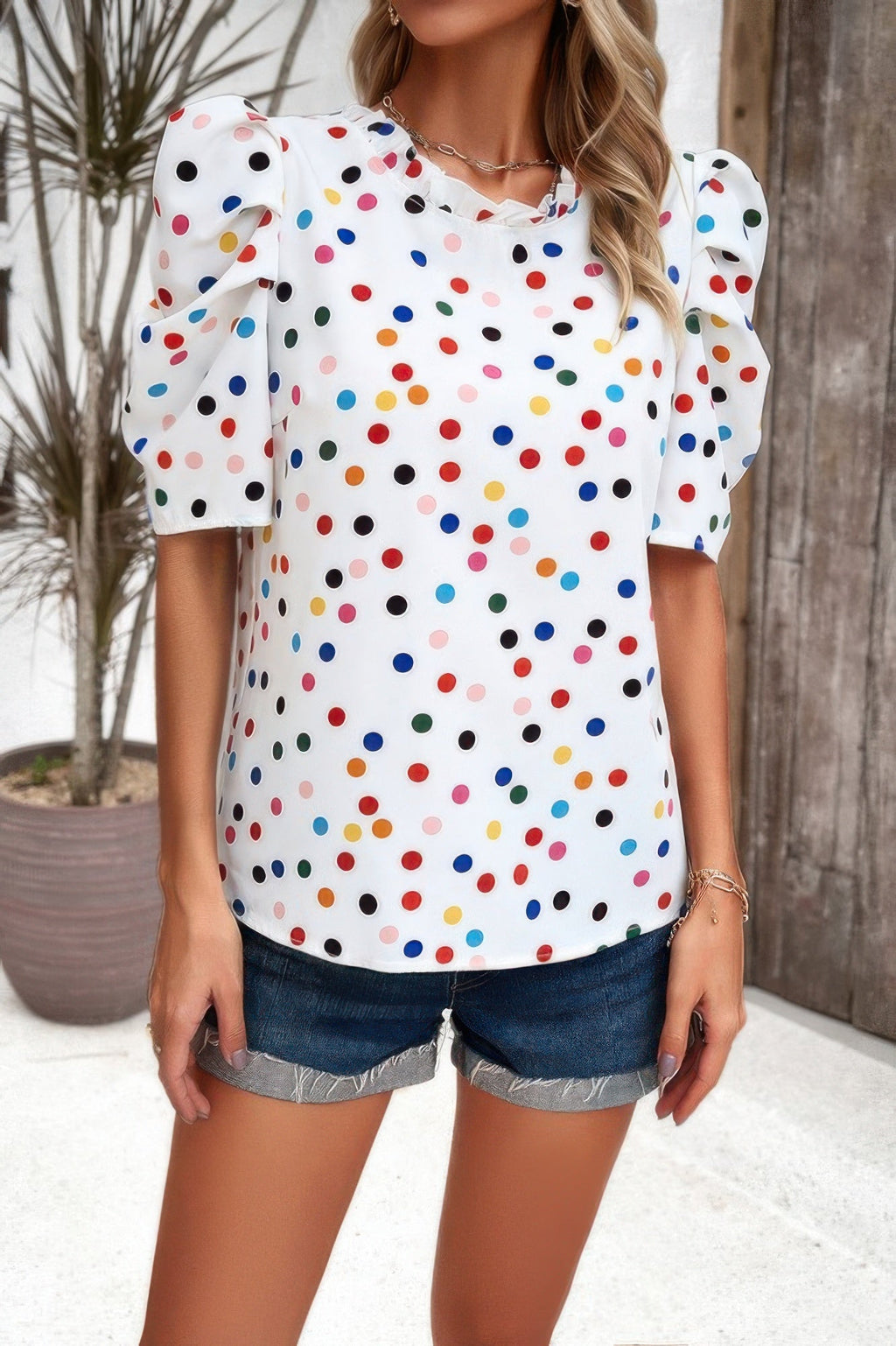 Puff Sleeves Allover Print Knot Loose Fit Top