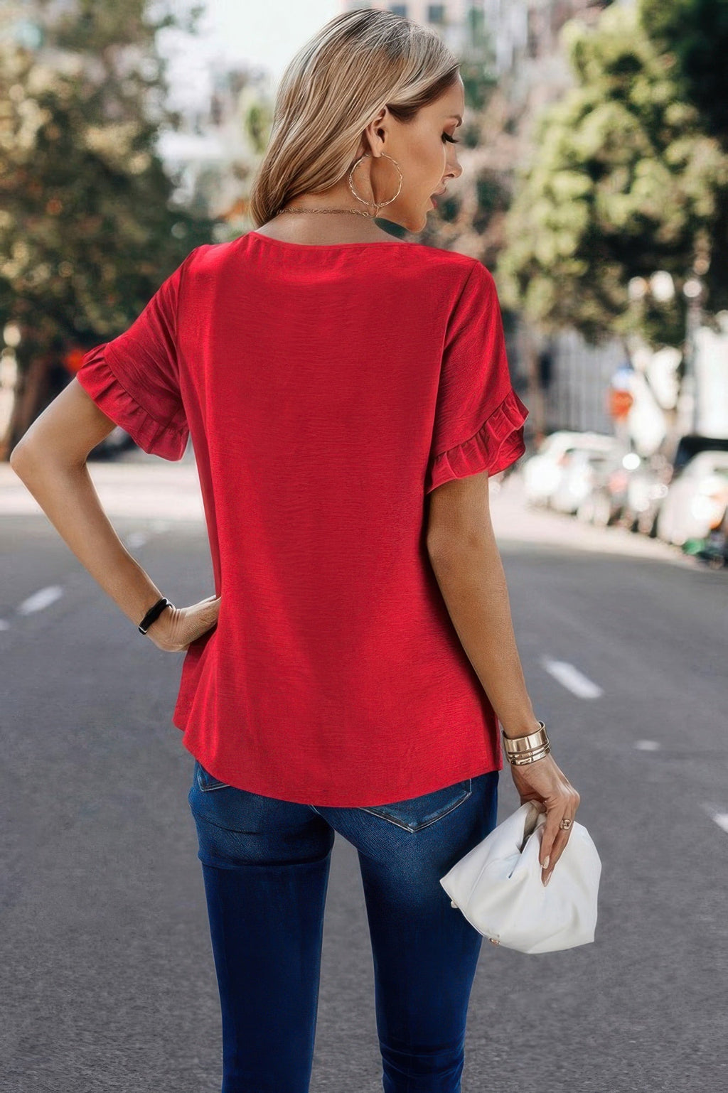 Solid Round Neck Ruffle Sleeve Loose Fit Blouse
