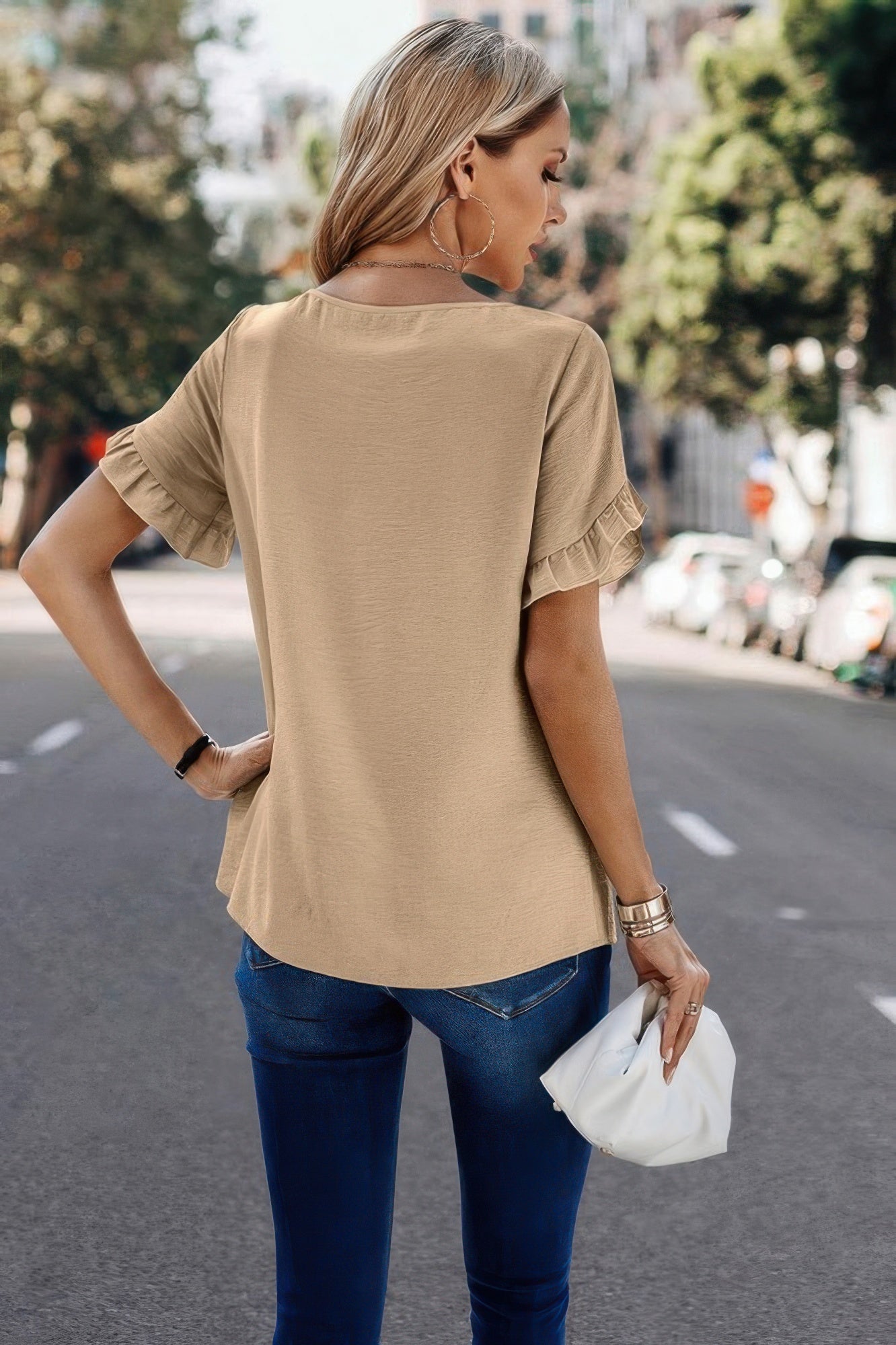 Solid Round Neck Ruffle Sleeve Loose Fit Blouse