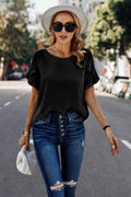 Solid Round Neck Ruffle Sleeve Loose Fit Blouse