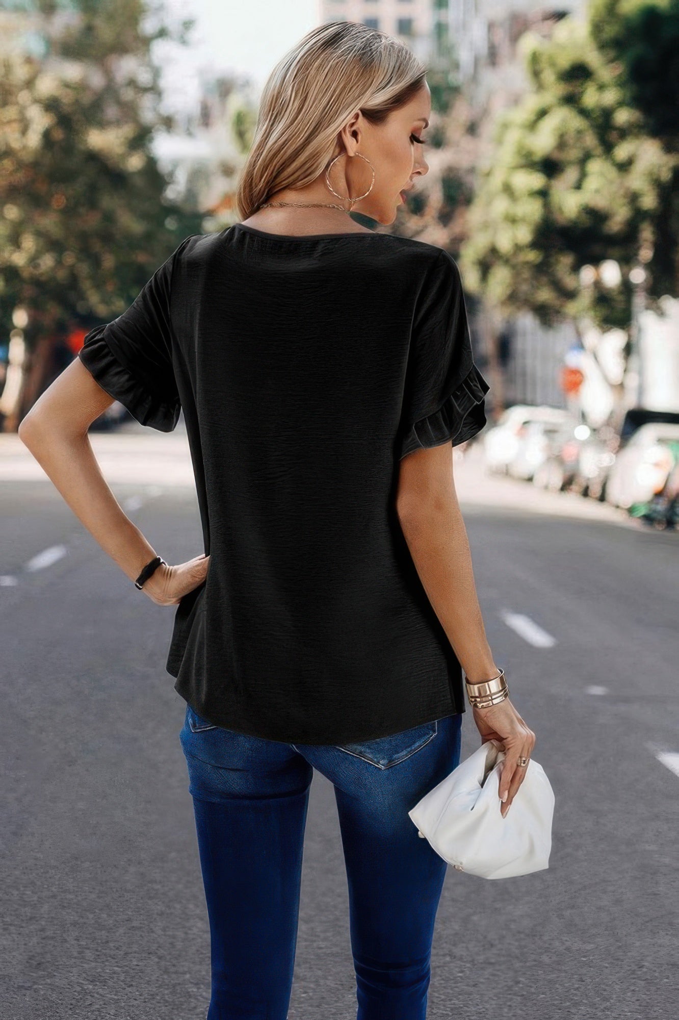Solid Round Neck Ruffle Sleeve Loose Fit Blouse