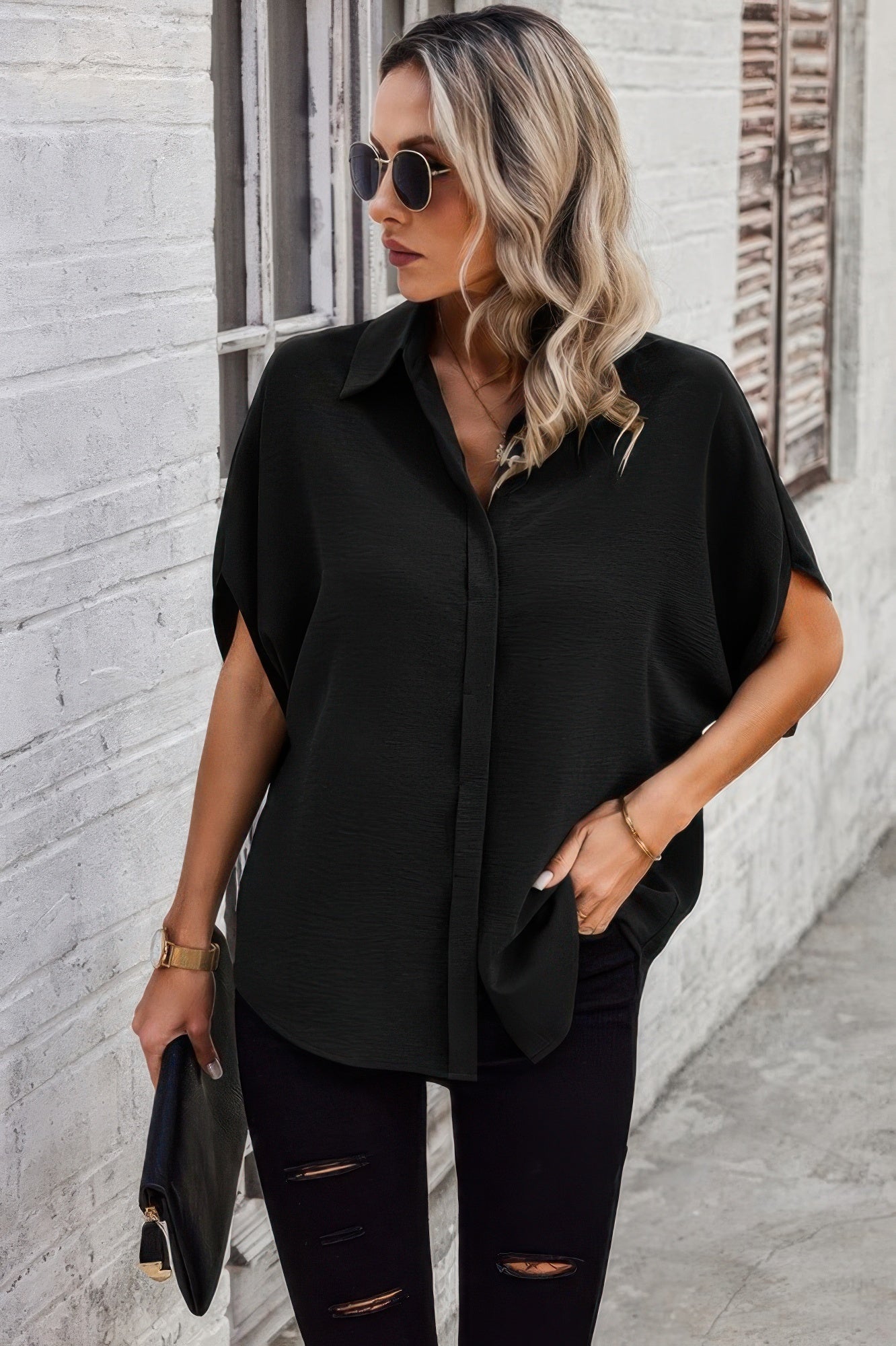 Solid Front Open Button Loose Fit Blouse
